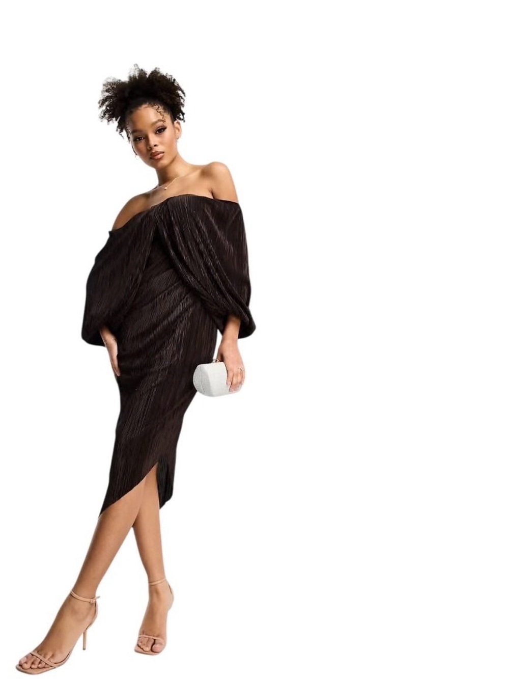 NWOT Off-Shoulder Asymmetrical Brown Pleated Midi Dress